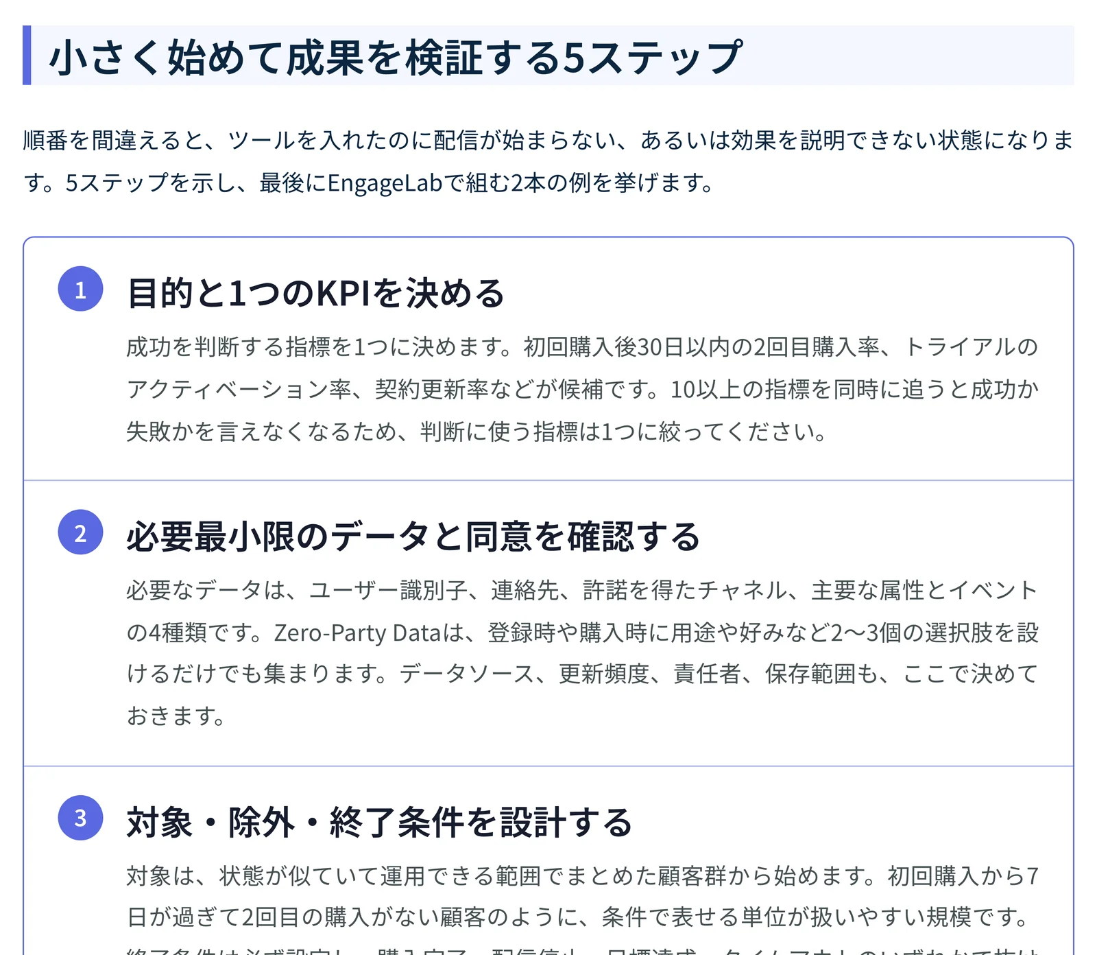 公開記事の本文。小さく始めて成果を検証する5ステップという見出しの下に、目的と1つのKPIを決める、必要最小限のデータと同意を確認する、対象・除外・終了条件を設計する、内容・タイミング・チャネルを組み合わせる、という手順が番号つきの枠で並んでいる